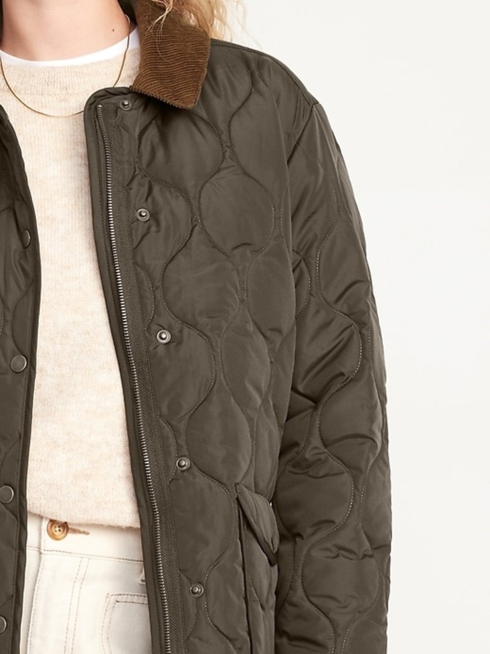 Old Navy Quilted Barn Jacket Olive Green Corduroy Collar